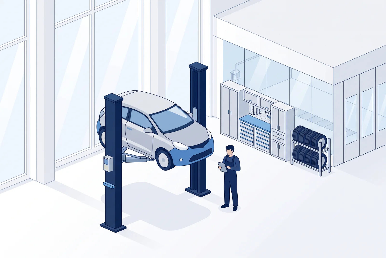 リフトに上げた車を整備士が点検する、明るい整備工場のイラスト